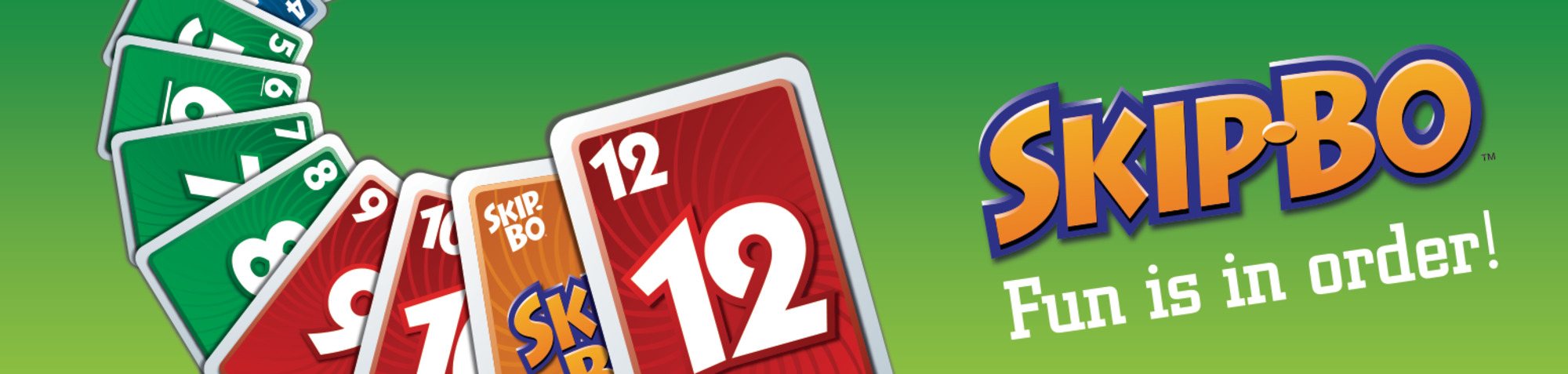 Skip-Bo cards fanned from 5 to 12 — Fun is in order!